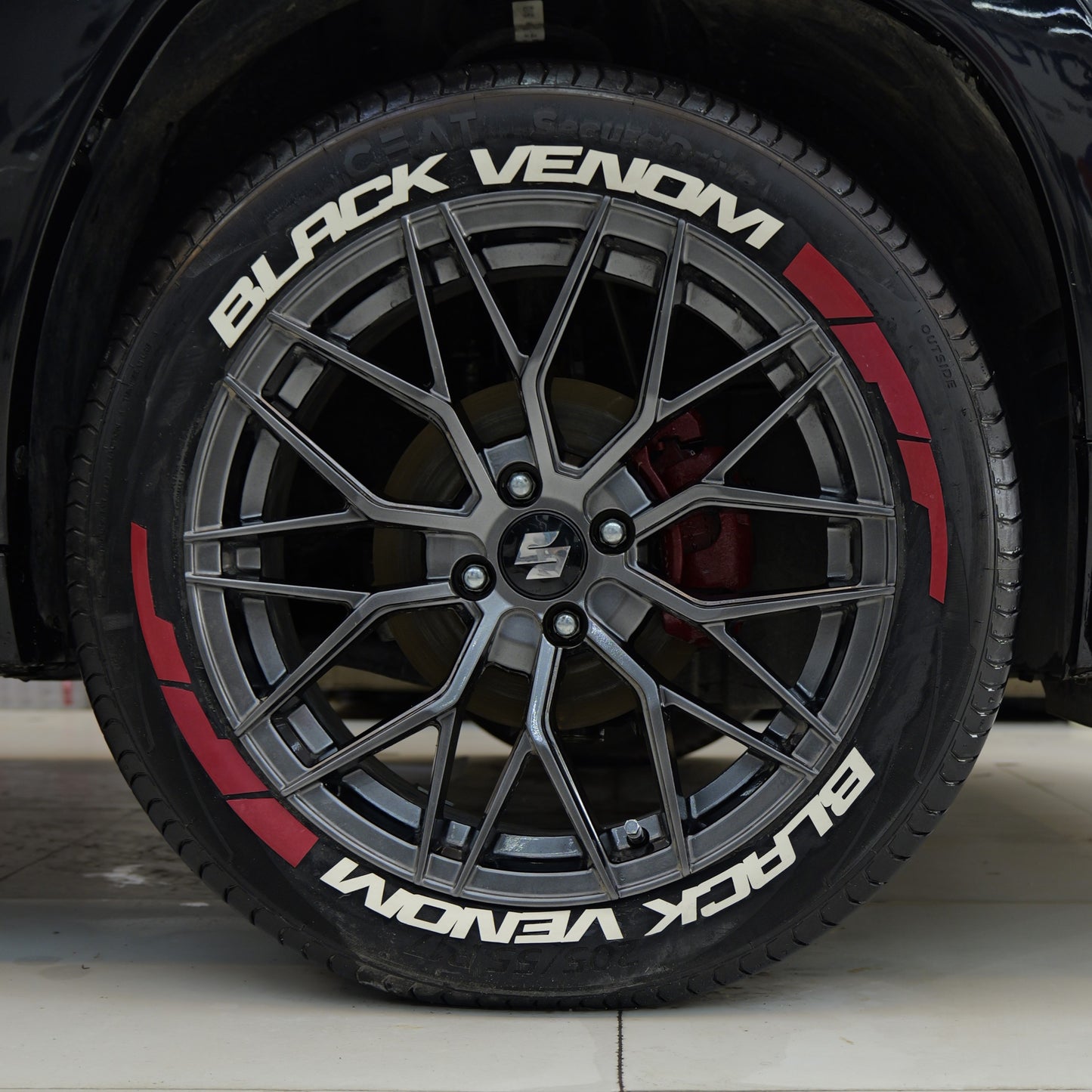 Motorik Black Venom(W) with Red G Strips Car Tyre Stickers [ Set of 4 tyres ]