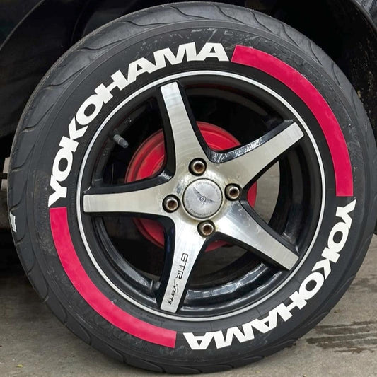 Motorik YOKOHAMA Tyre Stickers with Red Strips – Permanent Rubber  for 15''-21'' Wheels (Set of 4)
