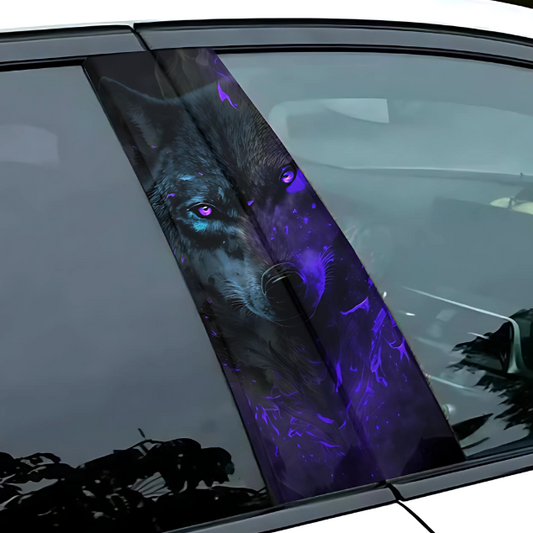 Blue Wolf B-Pillar graphics featuring a striking wolf design on a car window for a unique look