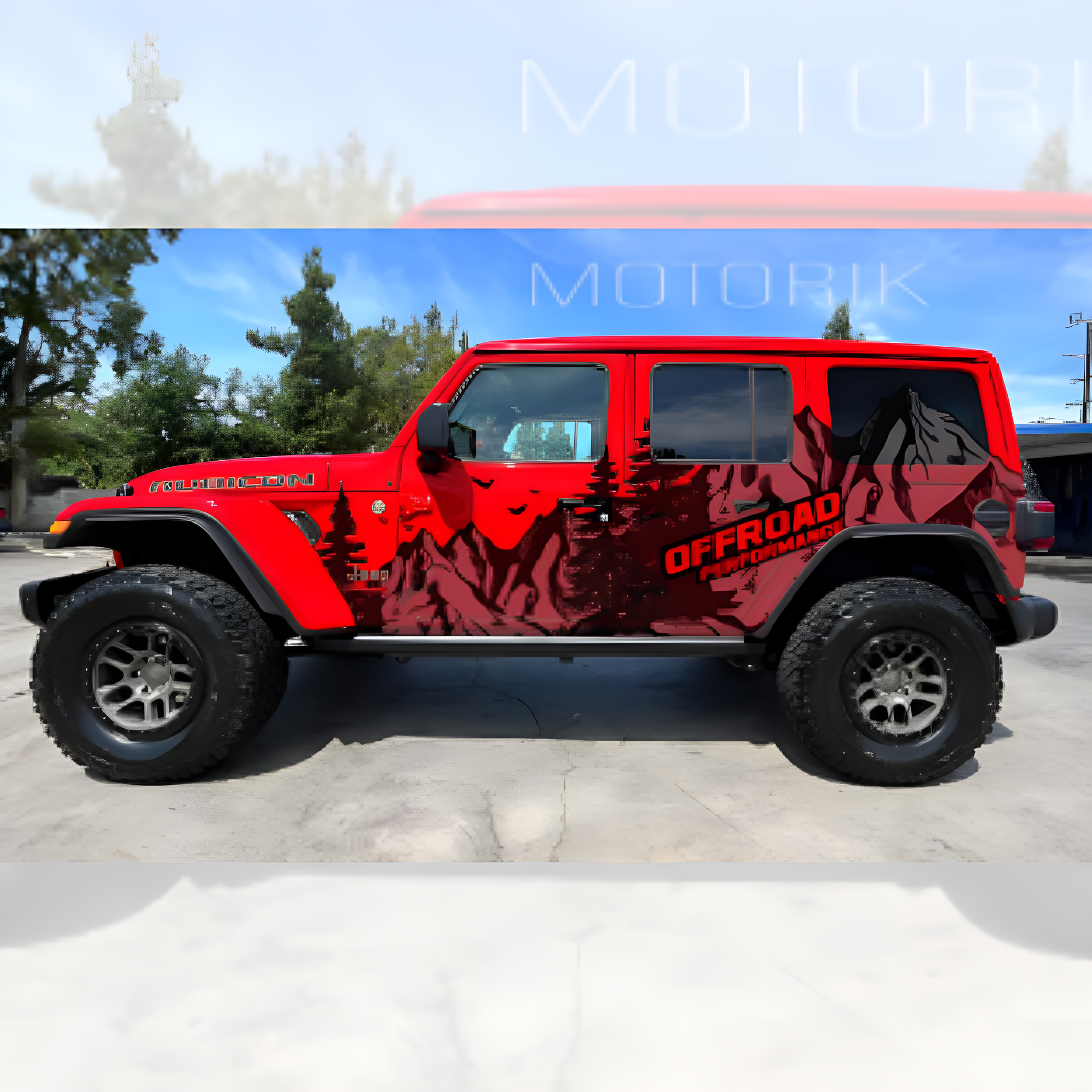Vibrant red SUV with Camo SUV side graphics showcasing off-road design elements