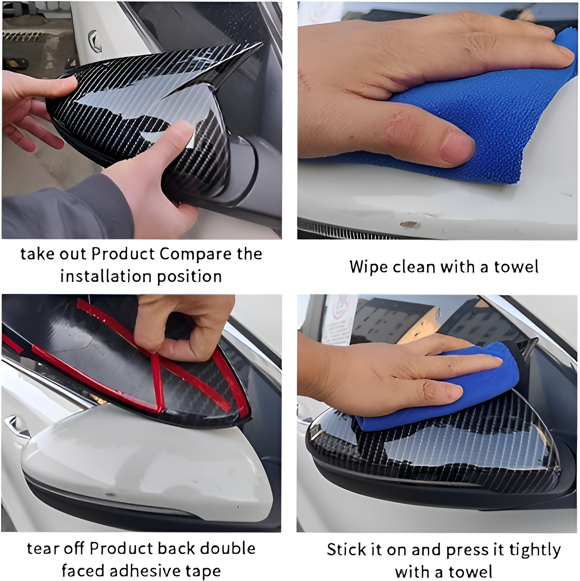 Installation process for Hyundai Verna mirror cover with adhesive tape and cleaning towel