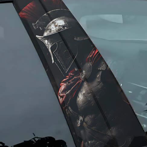 Iron Samurai car graphics featuring a detailed warrior design on a vehicle's pillar