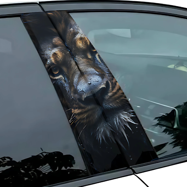 Lion car graphics decal featuring a detailed lion face design for vehicle customization