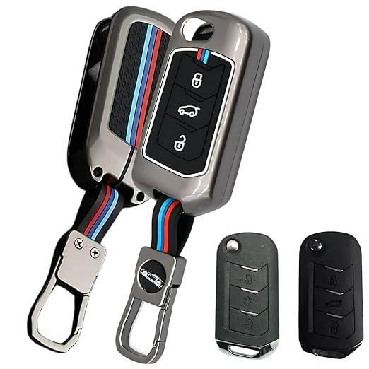 Gray Mahindra key cover with sleek design and color accents for enhanced key protection