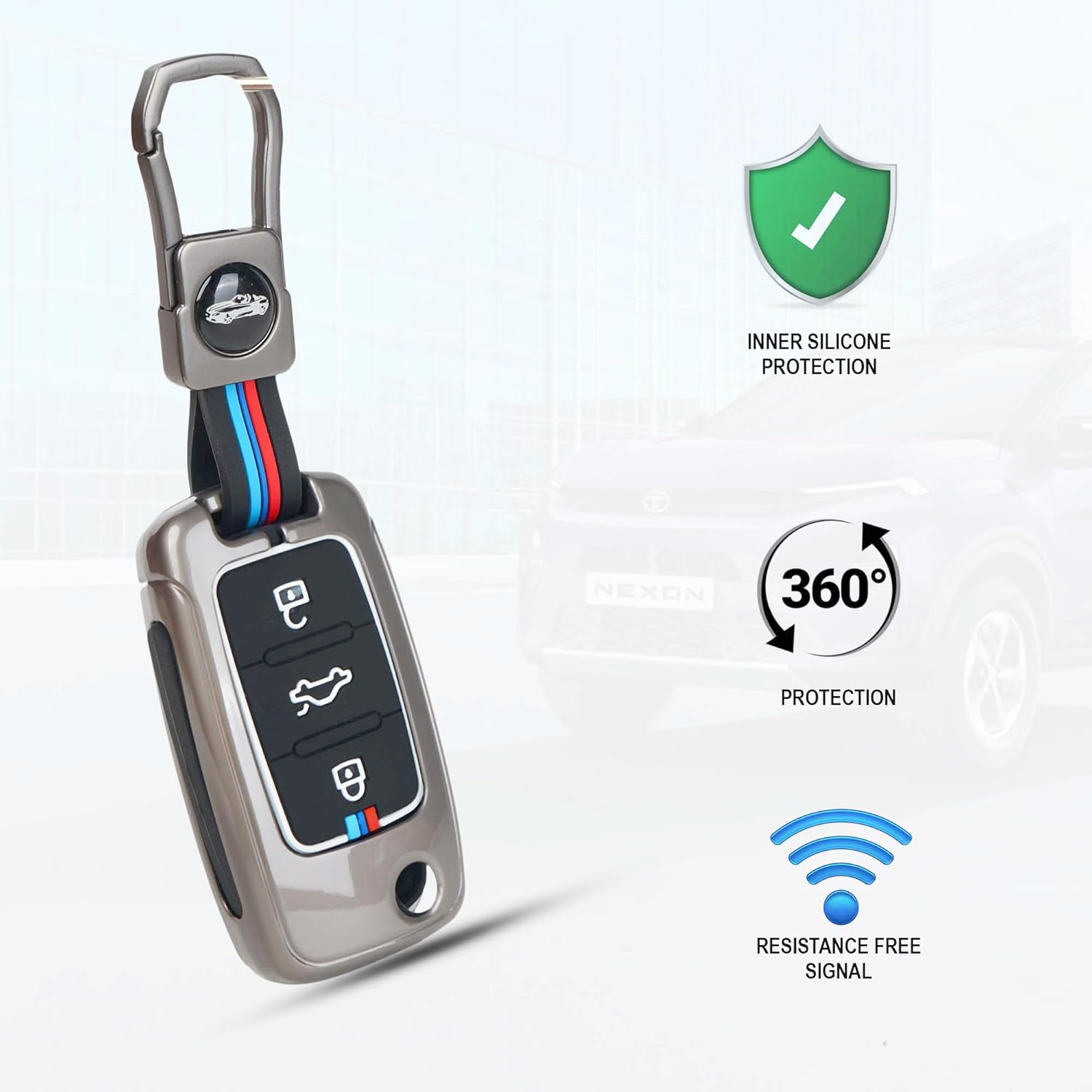 Metal key cover for Polo with inner silicone protection and 360-degree protection features