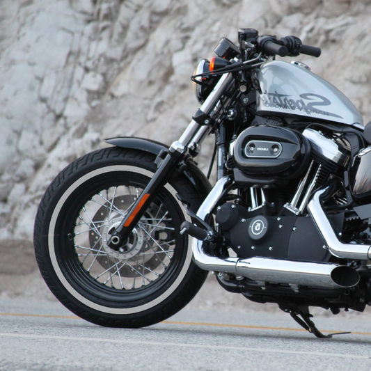 Custom whitewall bike tire stickers on a motorcycle for a stylish upgrade and enhanced look