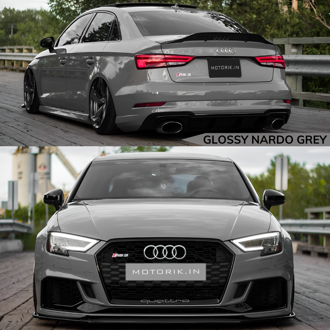 Audi RS3 wrapped in Glossy Nardo Gray Car Wrap showcasing a sleek and stylish finish