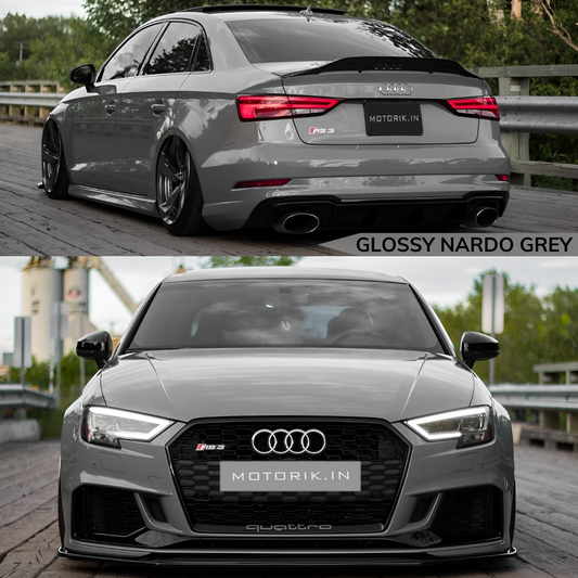 Audi RS3 wrapped in Glossy Nardo Gray Car Wrap showcasing a sleek and stylish finish