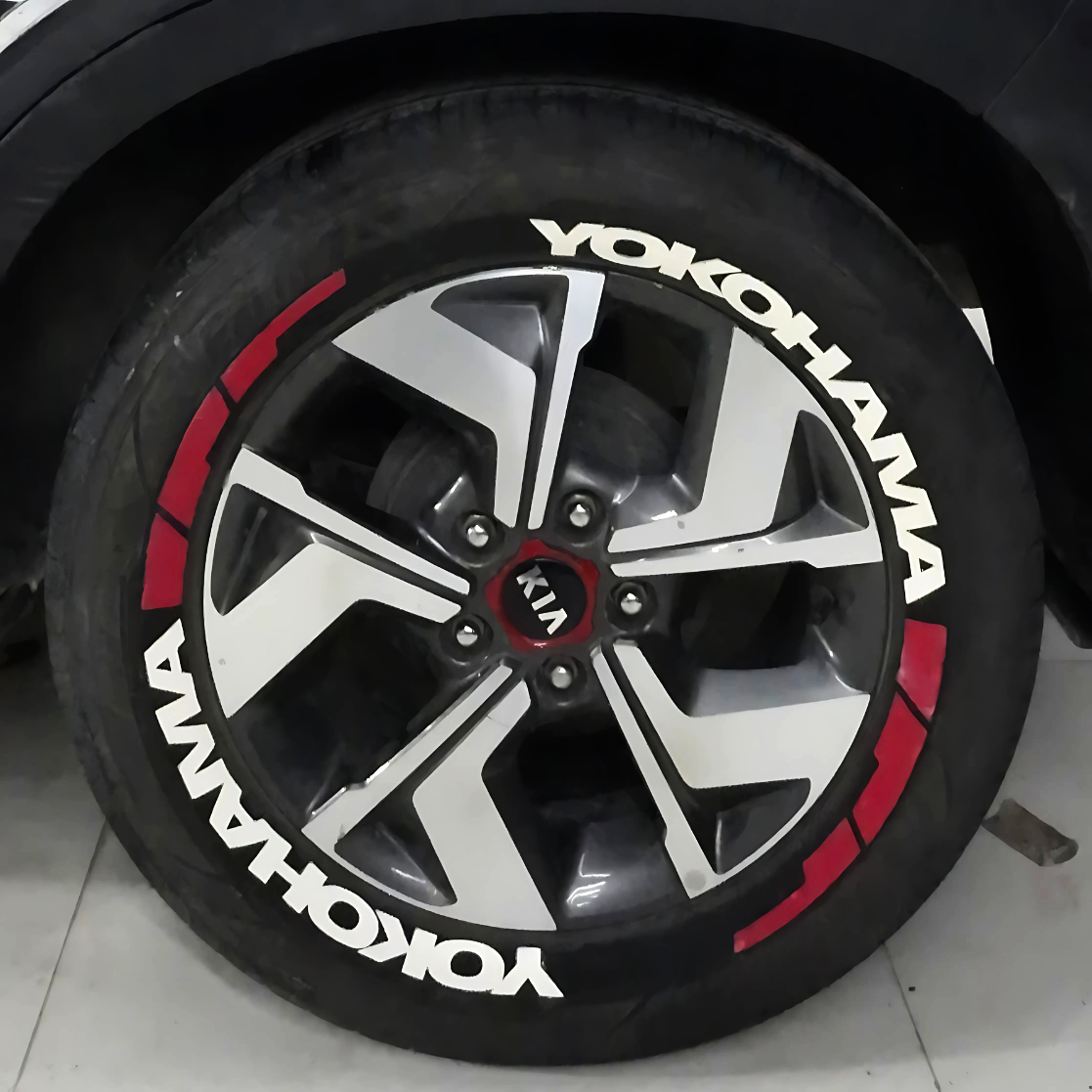 Yokohama Tyre Sticker on Alloy Wheel of a Kia Vehicle for Enhanced Style and Visibility