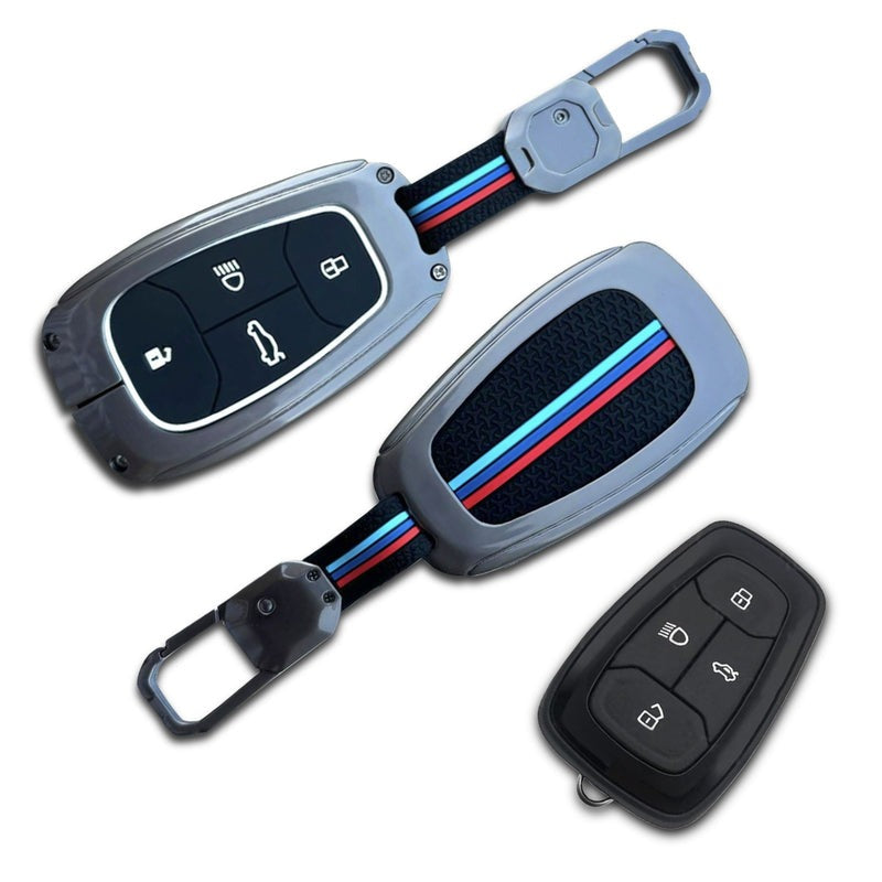 Motorik Metal Key Cover Compatible With Tata Nexon, Harrier | Safari | Altroz | Tigor | Ev | Punch | Tiago Ev Electric 4 Button Smart Key Feature Visible In Low-Light Condition, Black