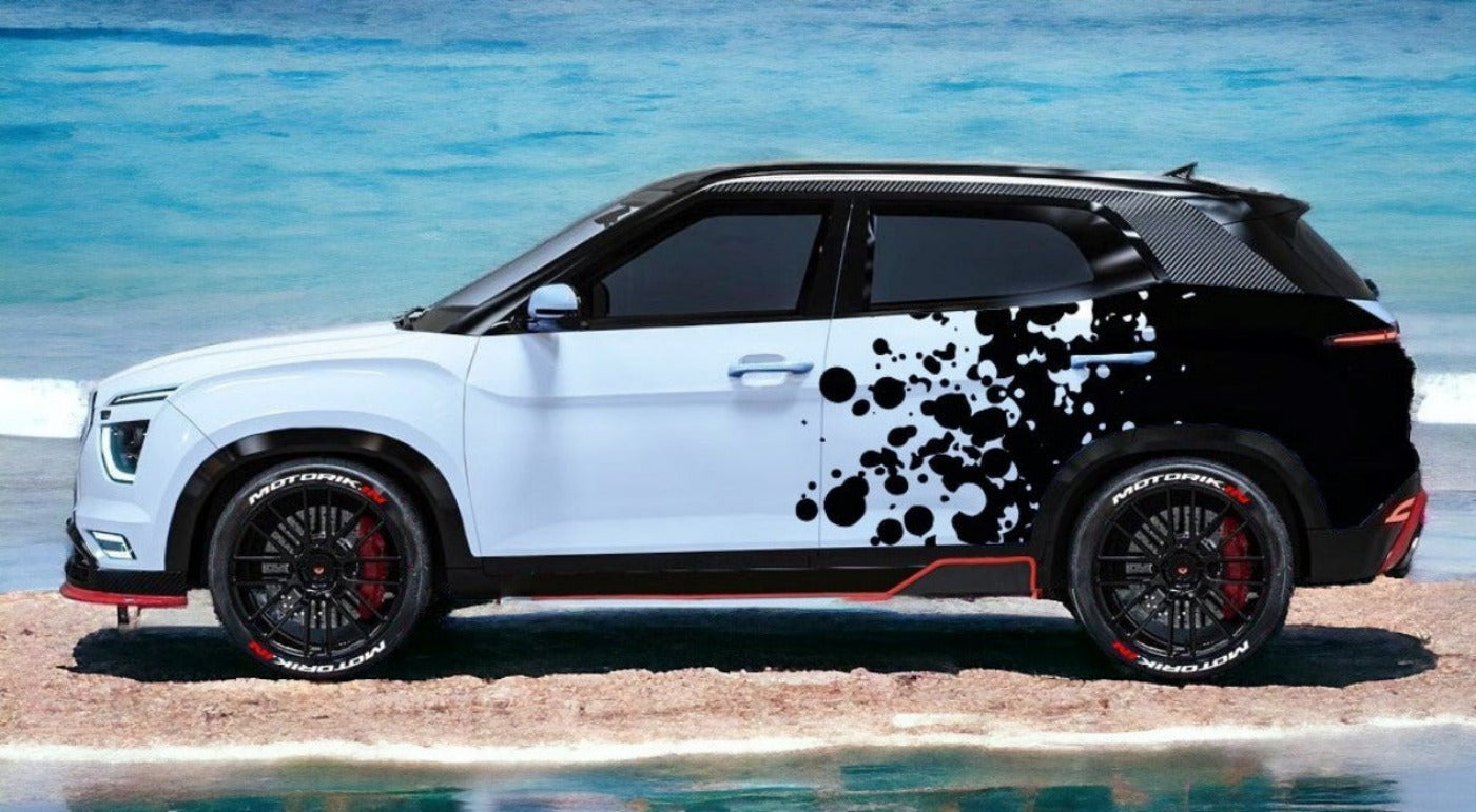 Stylish car featuring particle distortion car graphics in black and white on the side for a unique look