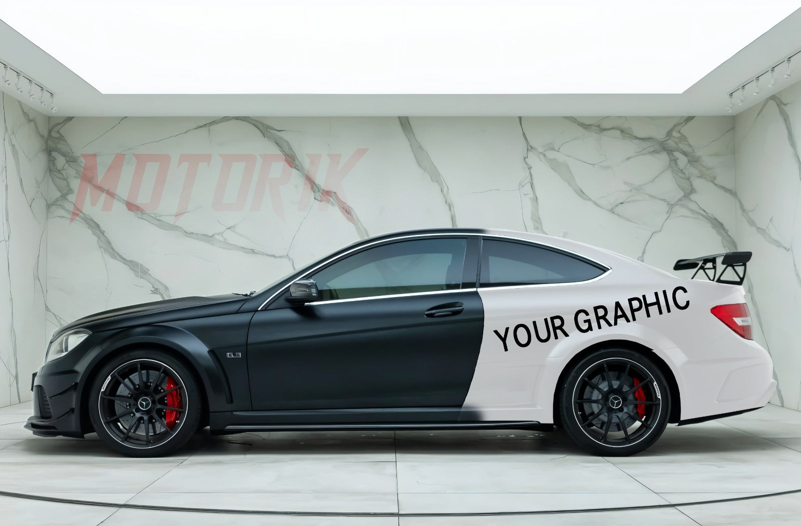 Custom Mercedes car with personalized car side graphics in contrasting colors for a unique look