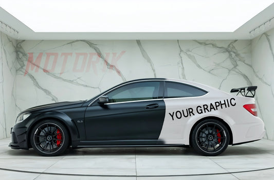 Custom Mercedes car with personalized car side graphics in contrasting colors for a unique look
