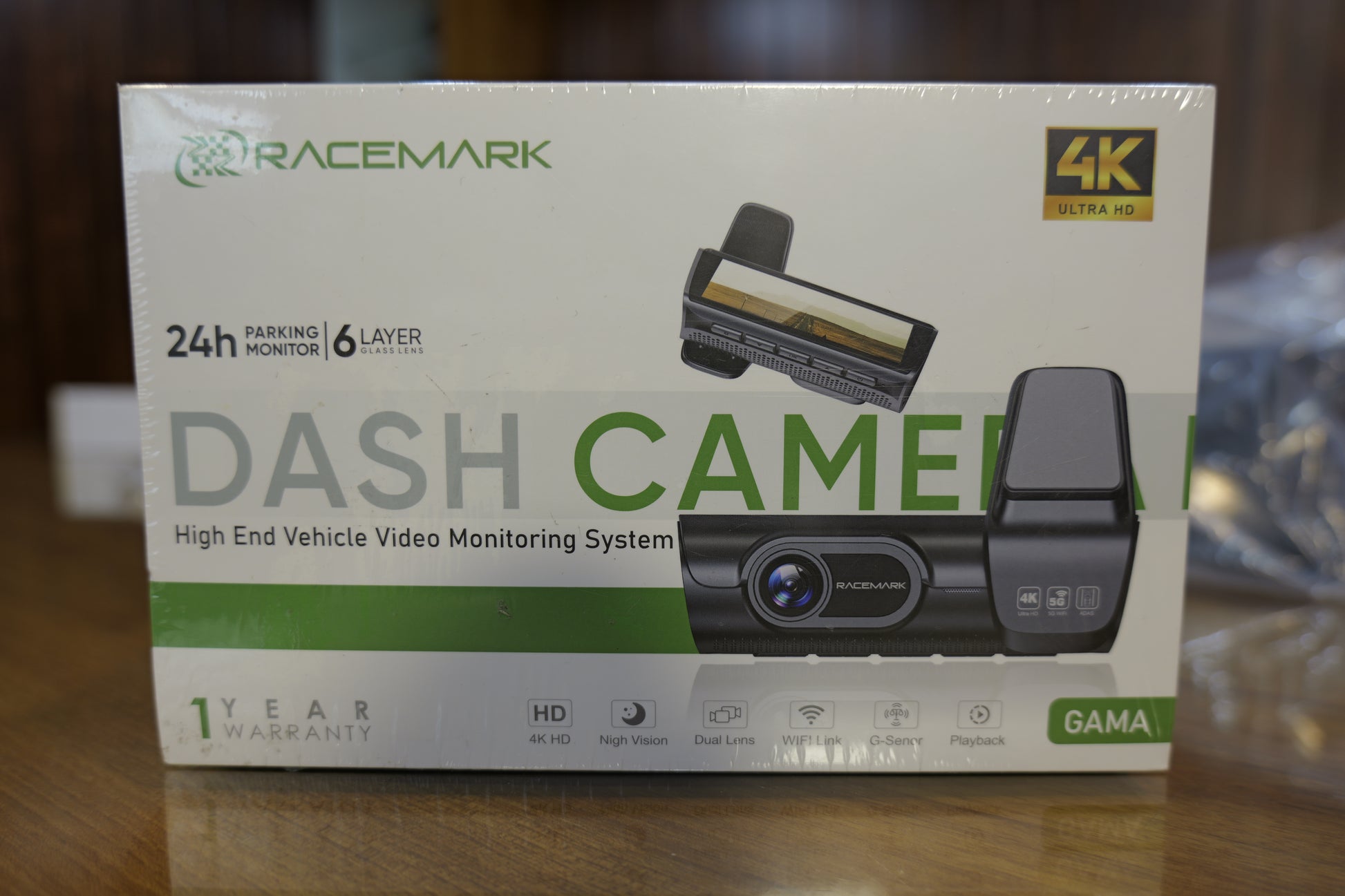 Racemark 4K dual lens dash cam box with high end vehicle monitoring features and 24-hour parking support