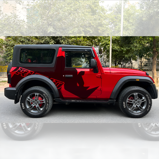 Red Rhino car SUV/XUV car decals on a vibrant red SUV showcasing unique graphics and style