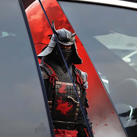 Red Samurai car graphics on a vehicle window with a striking warrior design