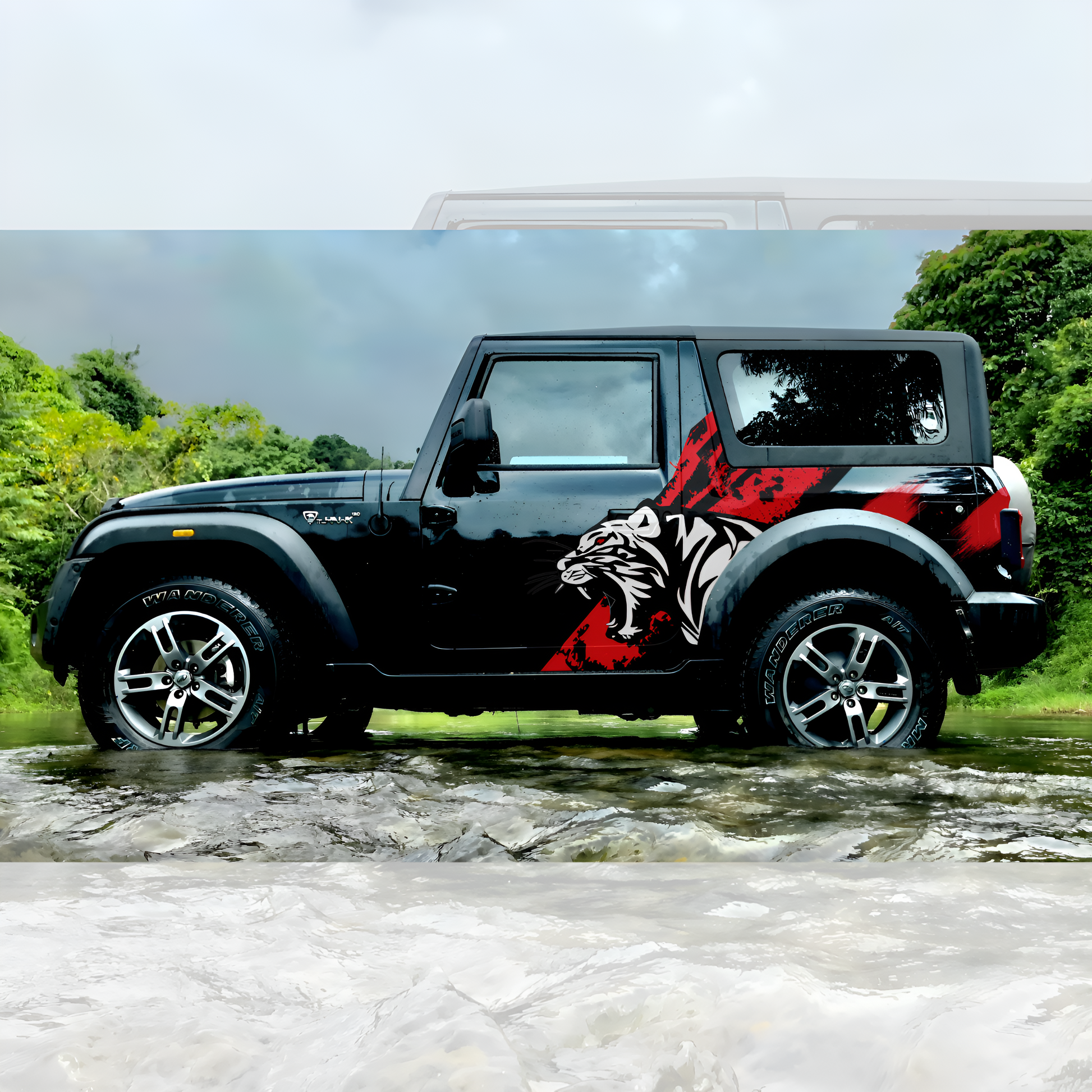 Black SUV featuring striking Red Tiger car graphics for an aggressive and stylish look