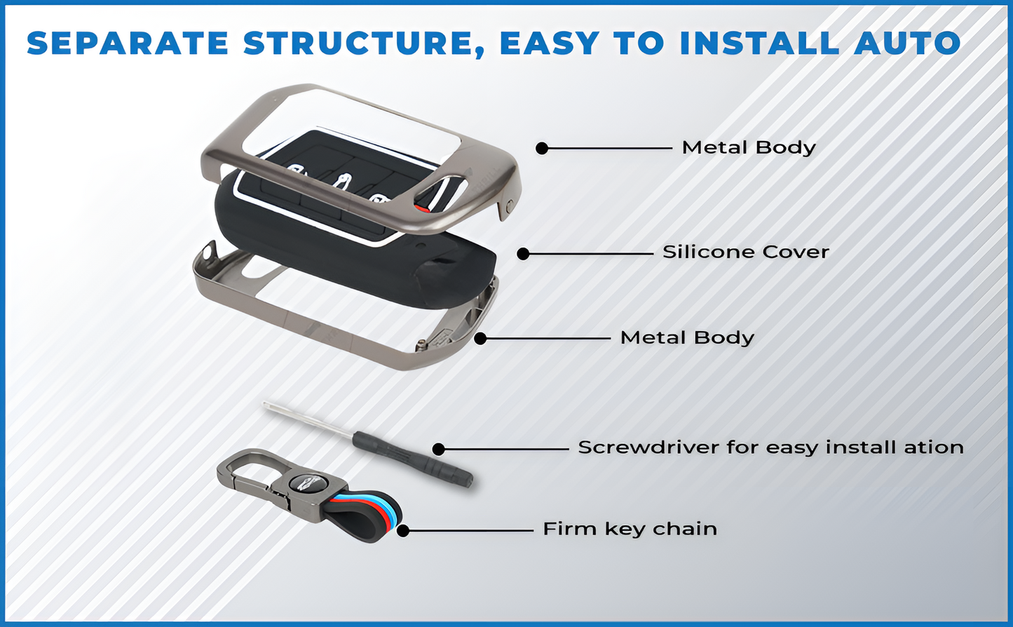 Skoda Volkswagen key cover with metal body and silicone cover, easy installation with included screwdriver