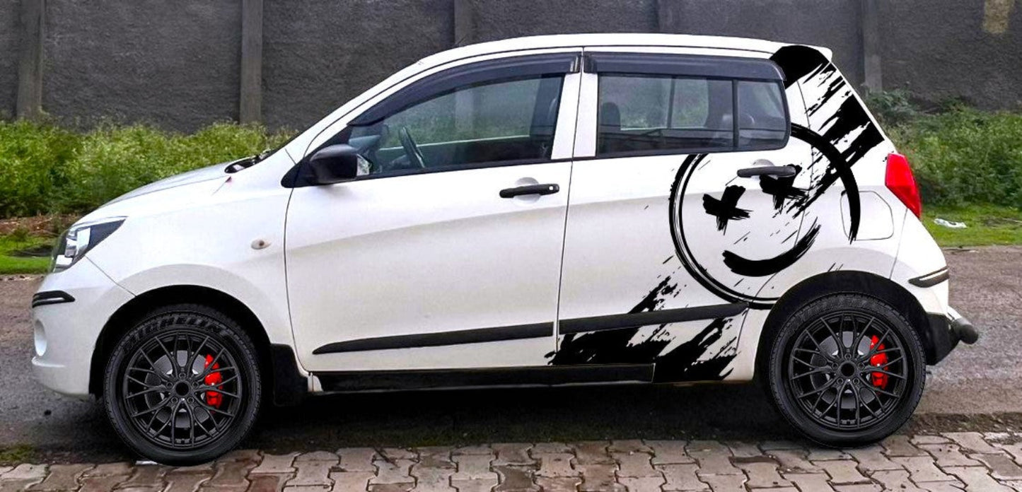 Hatchback car with smile car graphic side design featuring a playful smiley face