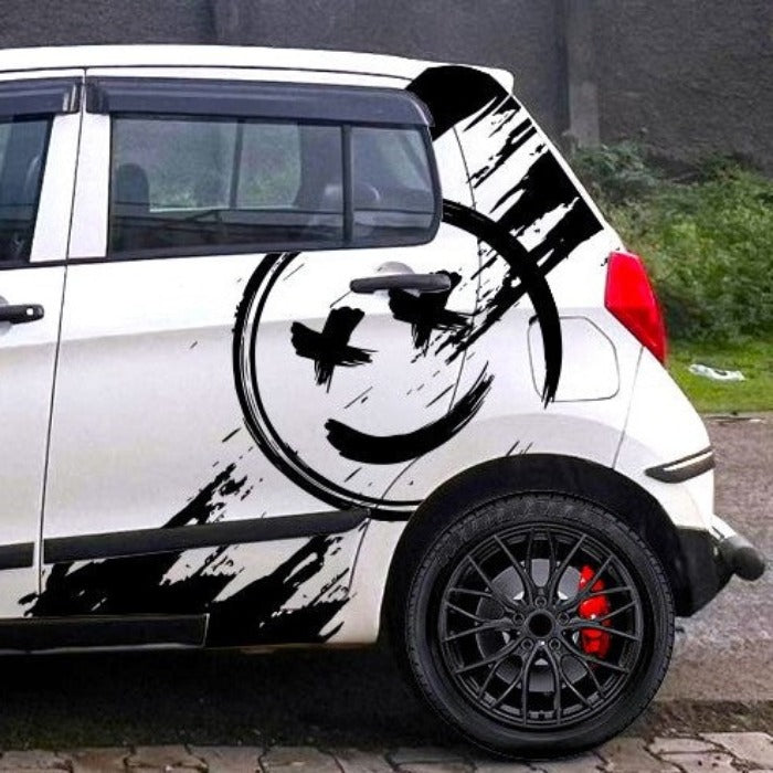 Stylish hatchback car side graphic featuring a smile car graphic design with bold black streaks
