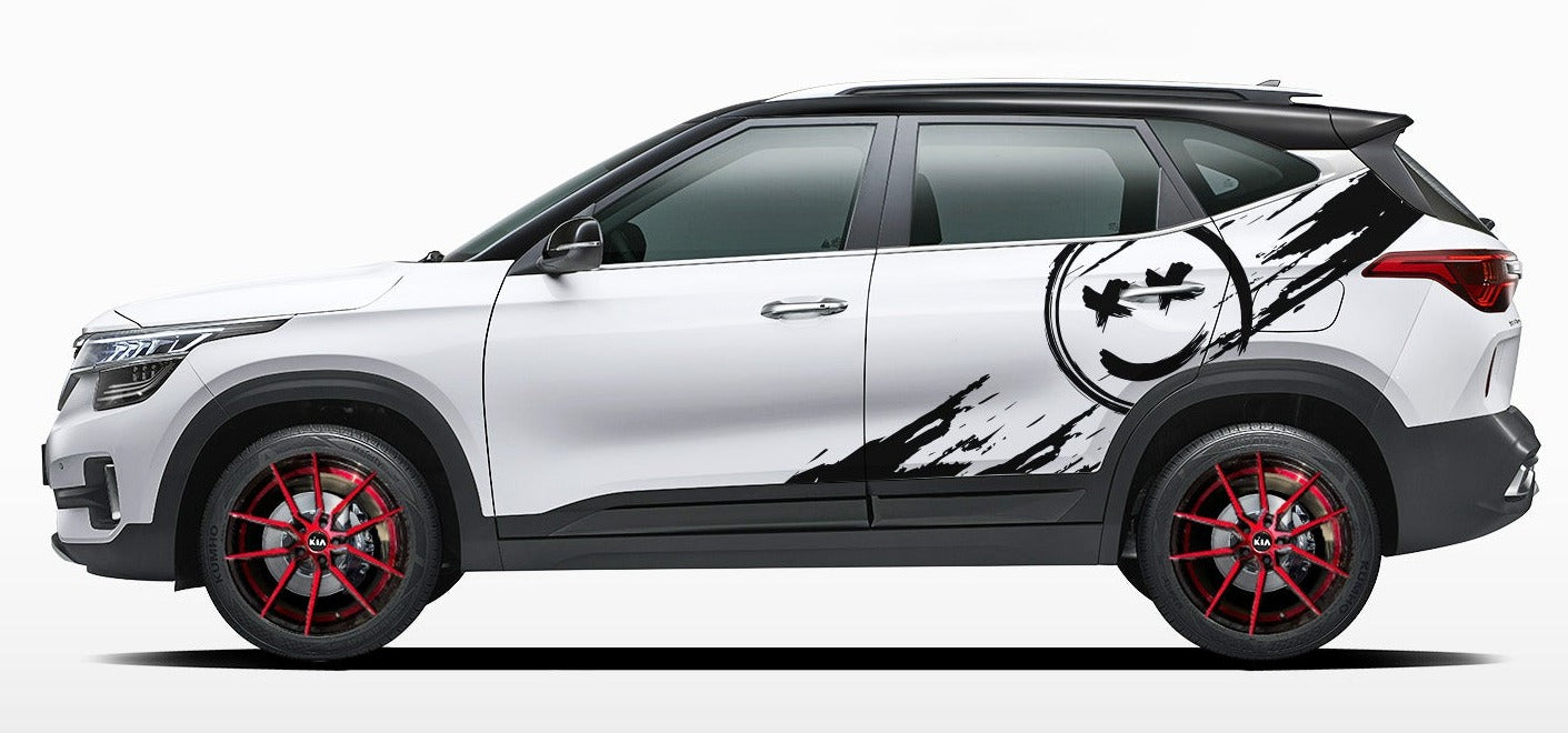 Stylish hatchback car with smile car Graphic featuring a modern design and sleek side stripes