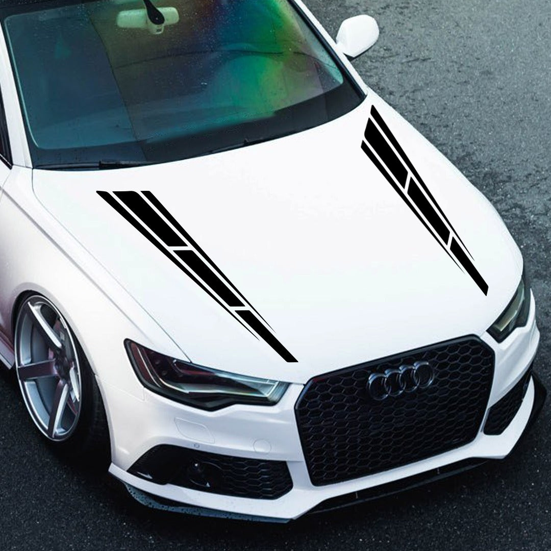 Tactical car bonnet graphics in black on a white Audi for enhanced style and performance