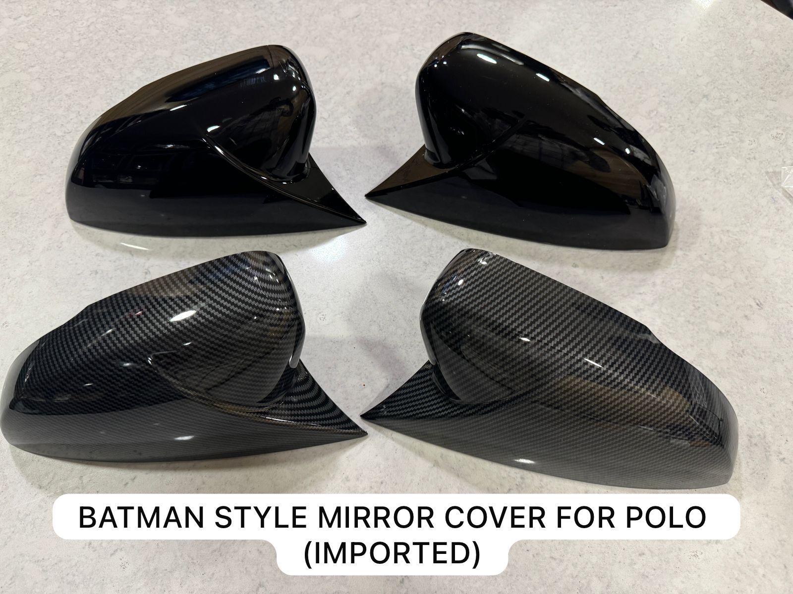 Batman Style Volkswagen Polo mirror cover in glossy and carbon fiber finish for enhanced vehicle aesthetics
