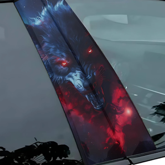 Wolf design car B-pillar graphics featuring a fierce wolf with glowing eyes and dark colors